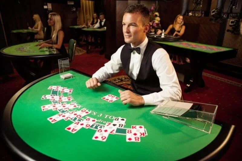 Dealer memandu meja live dengan kamera dan panel taruhan