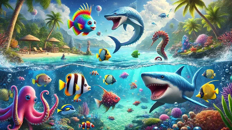 Meriam dan target ikan berwarna-warni pada layar mobile